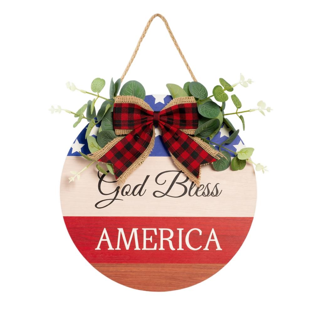 Wooden 4th of July Door Hanger with Vintage Truck and Star Design Rustic Americana Home Decoration Hanging Sign for Front Door Wall