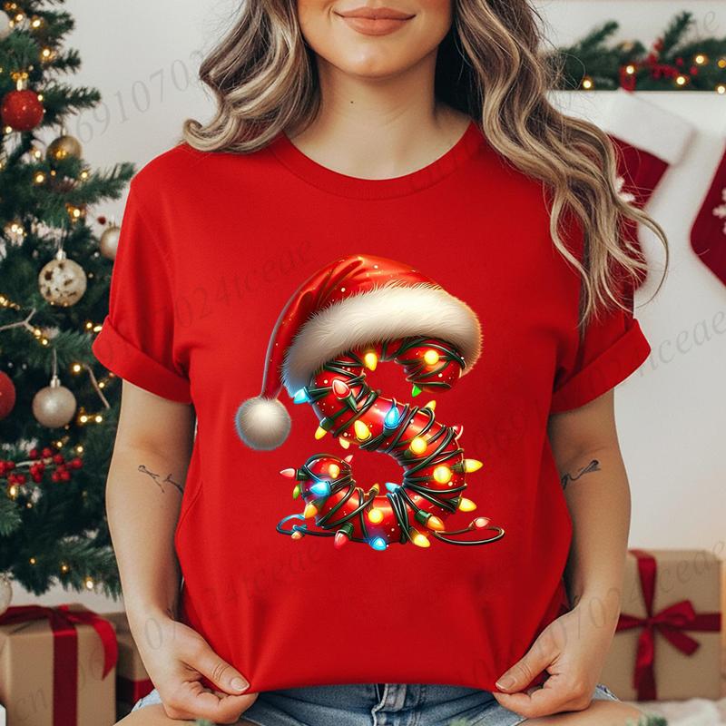 Women's Casual T-Shirt Christmas-lights-wrapped-letter Graphic Tshirt Christmas Design Round Neck Short Sleeve Tee Shirt Clothes