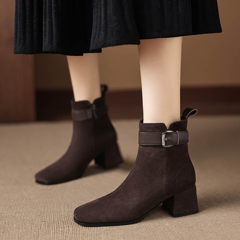 Krazing Pot Cow Suede Nubuck Square Toe Thick Heels Chelsea Boots Size 42 Zip Beauty Lady Women Ankle Boots