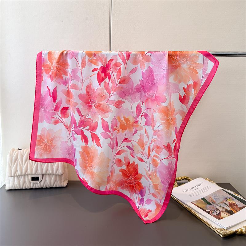 Floral Print Soft Square Silk Scarfs For Women Fashion Decorate Neckerchief Neck Ties Kerchief Lady Summer Beach Hijab Female