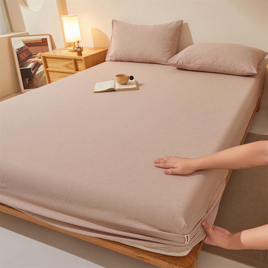 Pure Cotton Weave Washed Fitted Sheet - Solid Stripe Mattress Protector