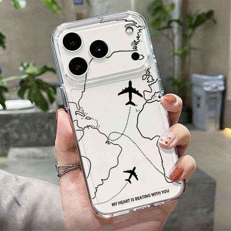Silicone Clear Phone Case For iPhone 17 16 Pro 15 14 13 12 Pro Max 11 Transparent Shockproof Soft TPU Map Airplane Pattern Cover