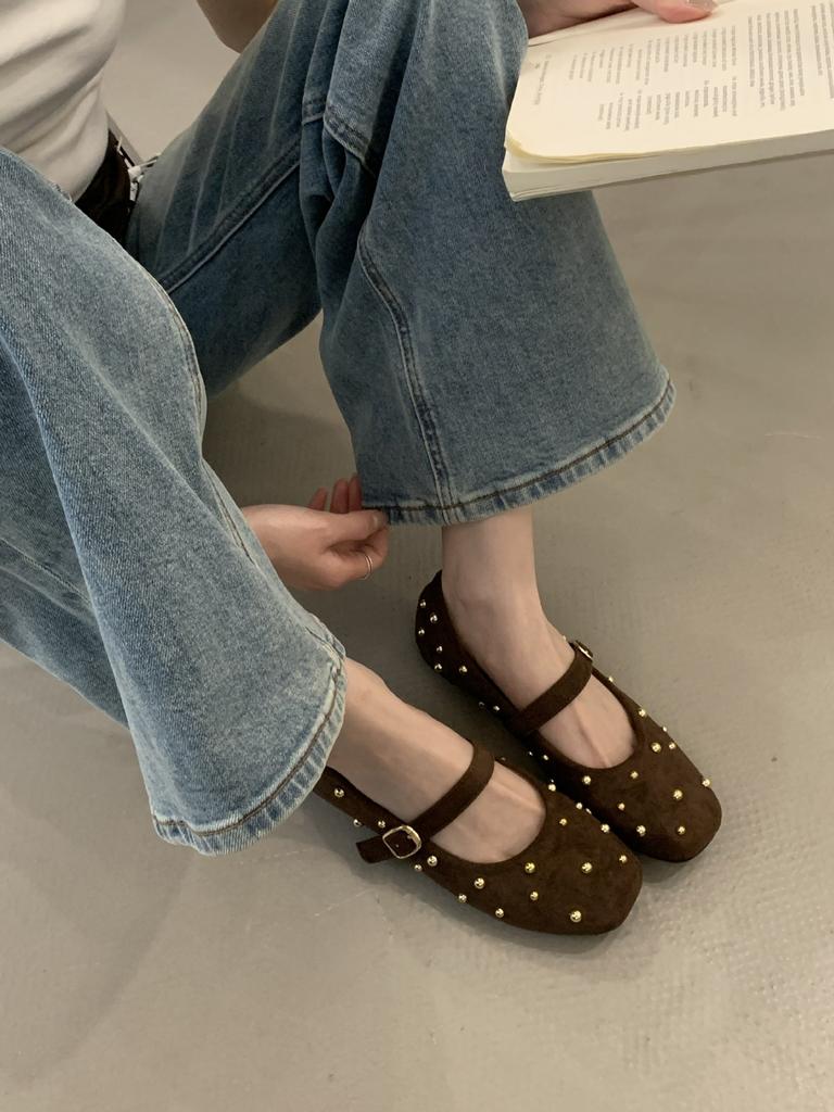 THEDOUDOU Xiaoxiangfeng willow nails square head with Mary Jane shoes 2025 spring new retro flat shoes