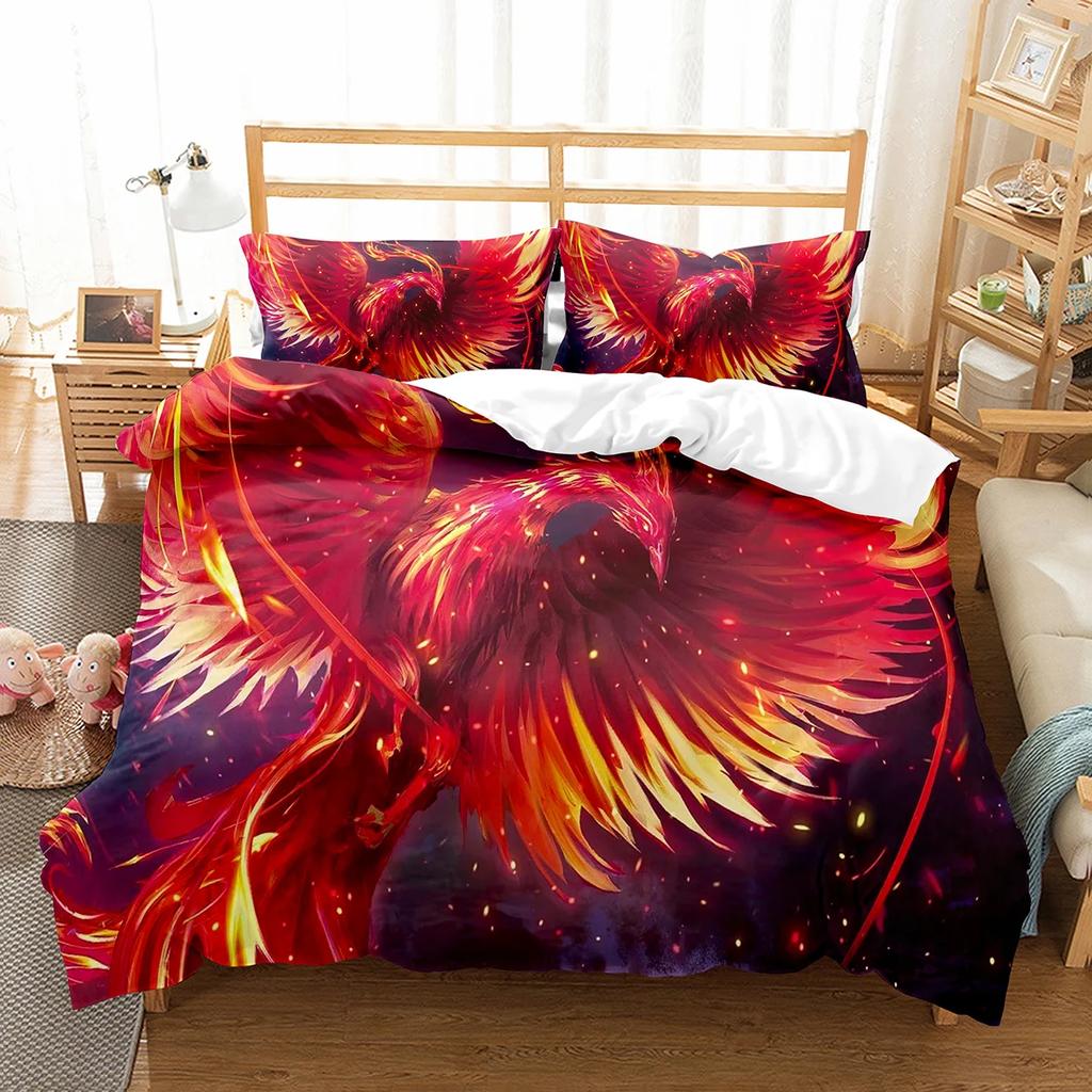 Phoenix Duvet Cover Set King Queen Size for Kids Boy Girls Bedding Set Yellow Animals Pattern Polyester Quilt Cover with Zipper
