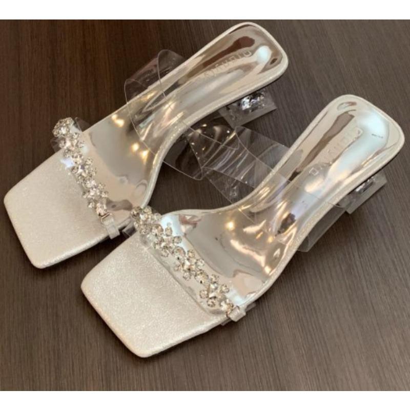 Fashion New Style Women's Water Diamond Flower Sandals with Transparent Thick Bottom Party Dress Slippers Mules High Heels Zapatos Mujer