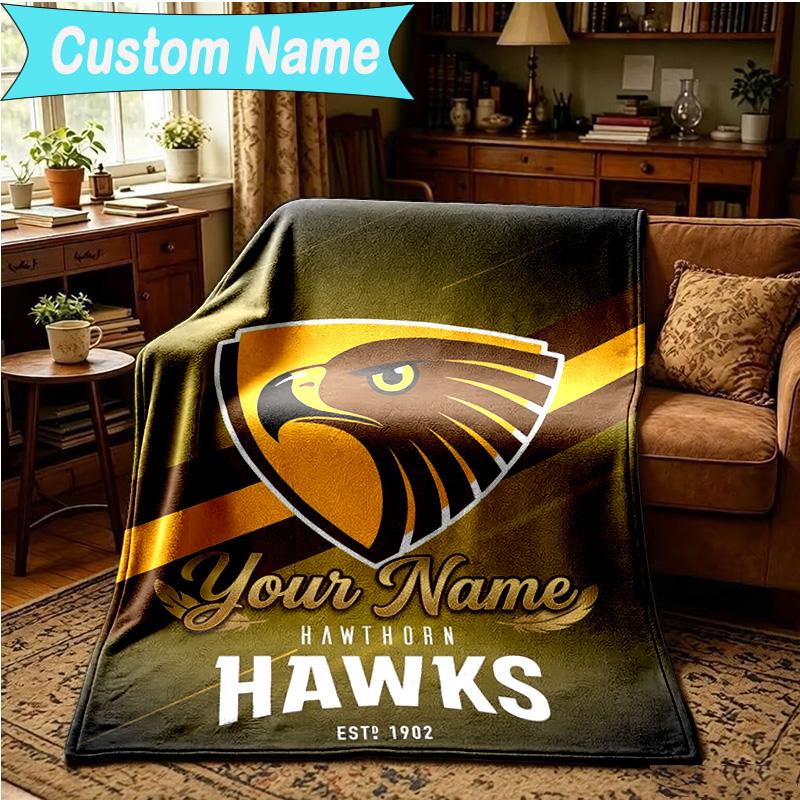1PC Custom Name Blanket Hawks Team Spirit Flannel Blankets Patterns Throw Blanket All-Season Soft Gift for Couch, Bed, Camping, Birthday Gifts