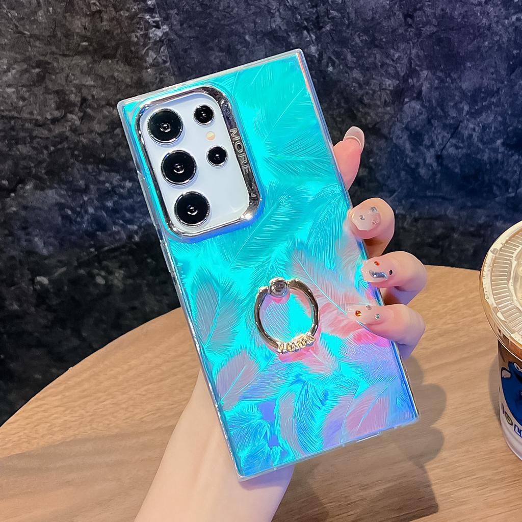 For Samsung Galaxy S22 Ultra 5G Phone Case IMD Leser Electroplated PC+TPU Cover with Ring Kickstand