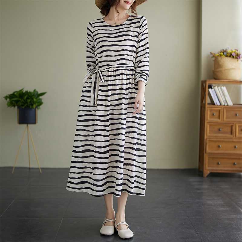 Striped Printed Round Neck Long Sleeved Dress