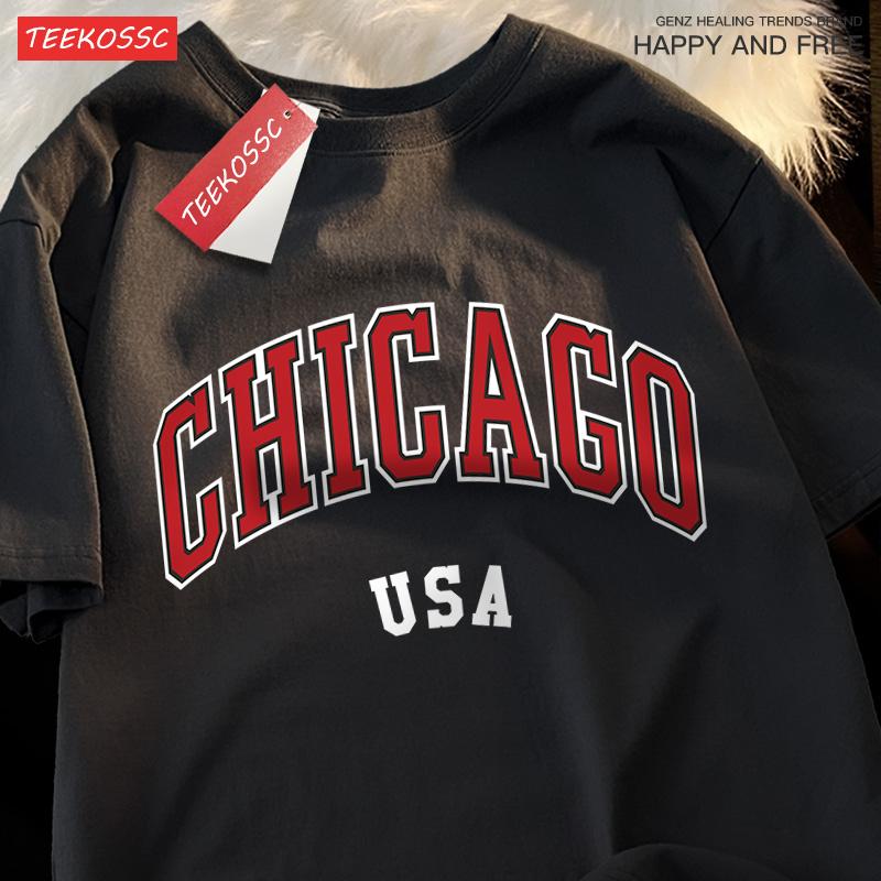 Chicago USA Klasyczny Graficzny T-Shirt Męski Street Crewneck T-Shirty Tee Ubrania Koszulka Casual Bawełna Krótki Rękaw Para
