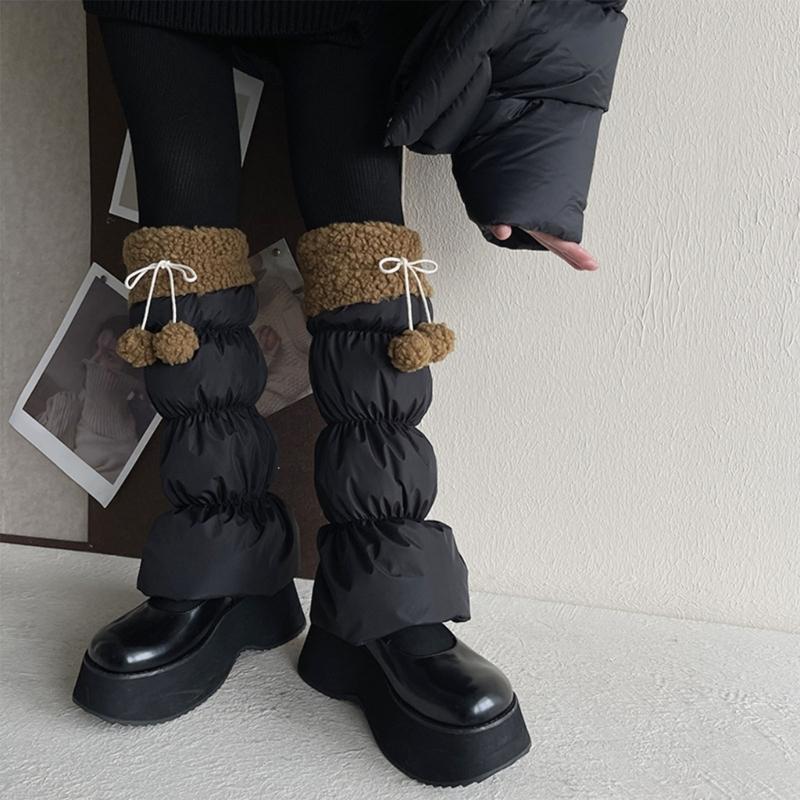 Lamb Fleece Trim Padded Puffer Leg Warmers with Cute Plush Balls for Women Warm Thermal Quilted Boot Cuffs Foot Covers