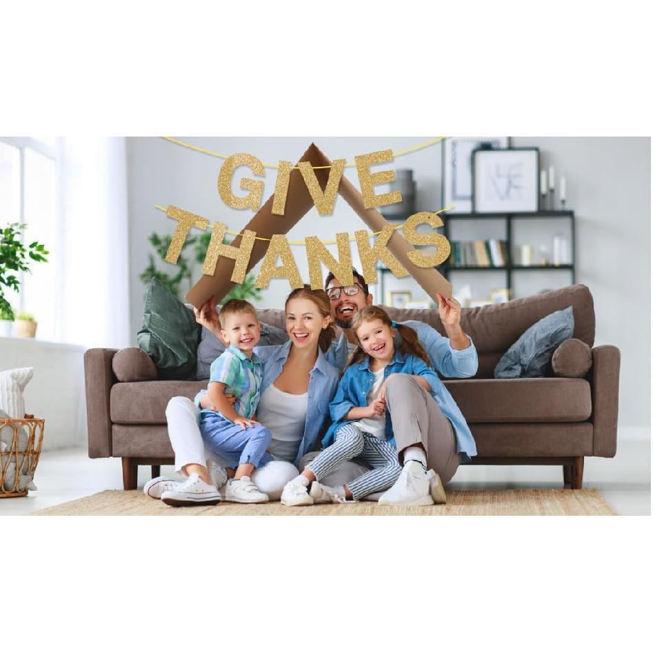 Give Thanks Banner, Pre-assembled Friendsgiving Decorations, Gold Glitter Thanksgiving Party Decorations for Party Office Home Fireplace Mantel, Fall