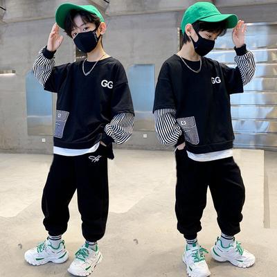Fashion Children's Clothing Spring Boys Sweater Suit New False Two Pieces Handsome Fried Street Middle and Large Children Sports Two-piece Set