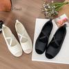 Modne okrągłe baleriny z elastycznymi paskami na krzyż, damskie buty baleriny z miękkiej skóry, damskie zwięzłe płytkie mokasyny, czarne białe