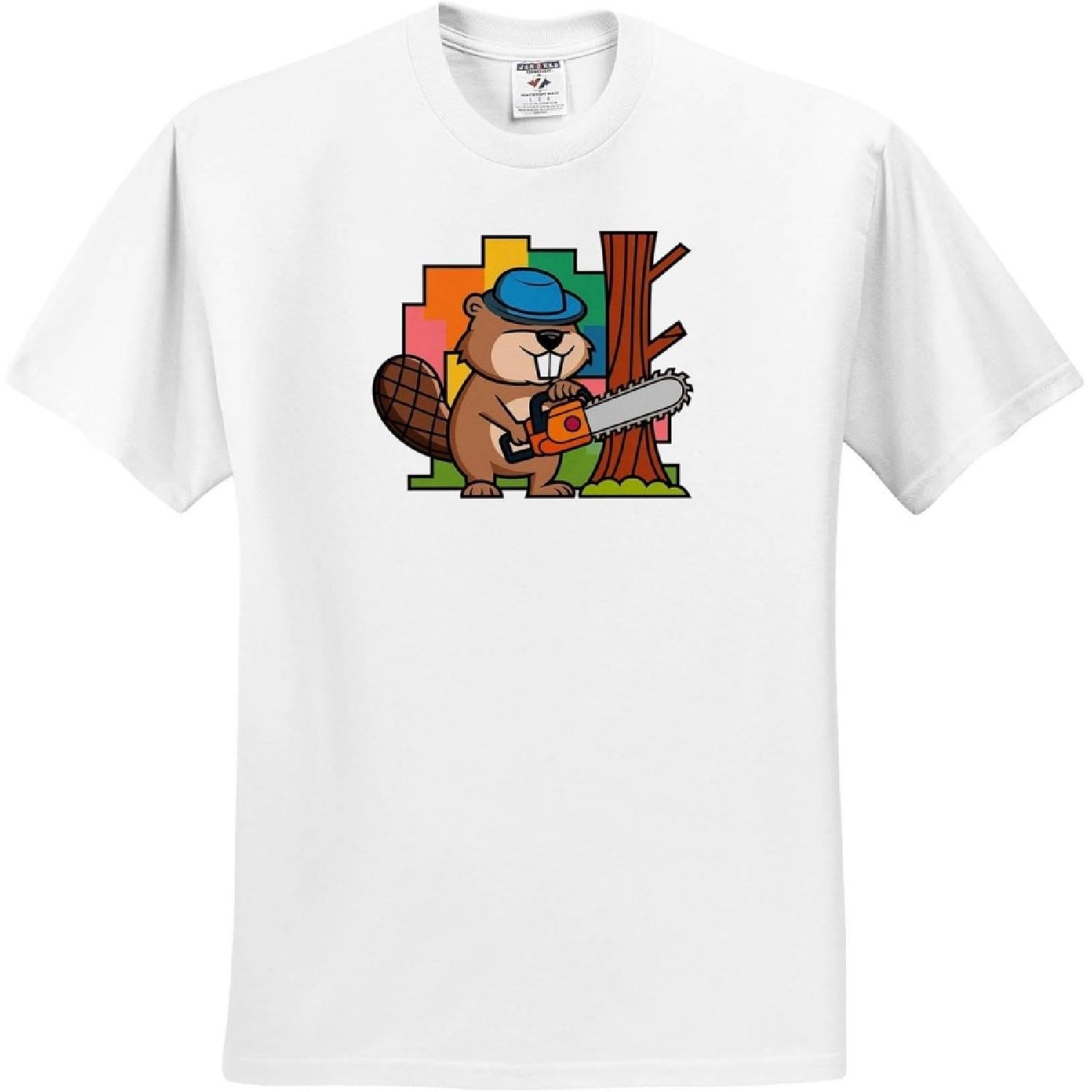 3dRose, Funny Cute Beaver Using Chainsaw to Cut Down Tree Cutting Satire, T-Shirt XXXXXL белый