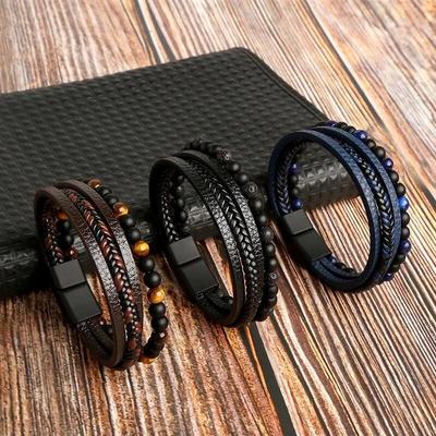 Men Leather Bracelet Classic Fashion Tiger Eye Beaded Multi Layer Leather Bracelet For Men Zircon Gift