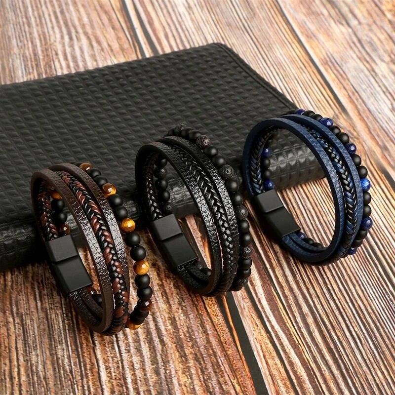 Men Leather Bracelet Classic Fashion Tiger Eye Beaded Multi Layer Leather Bracelet For Men Zircon Gift