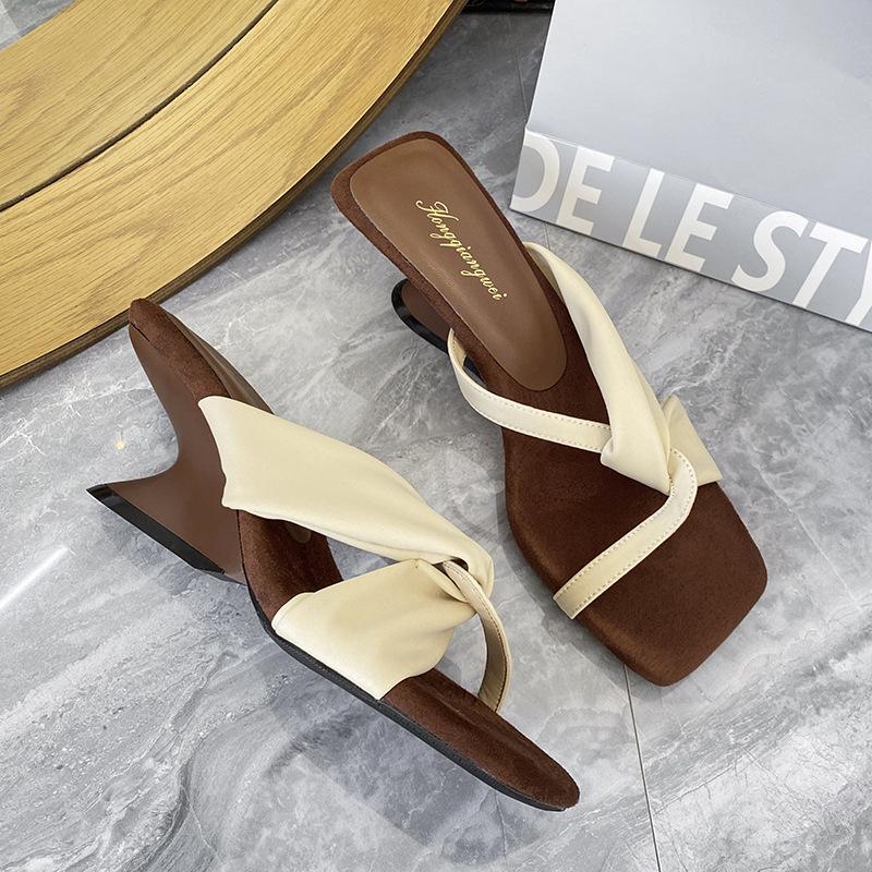 

French niche design slope heel outer wear with skirt cool slippers women s summer new square head open-toed high-heeled sandals 40