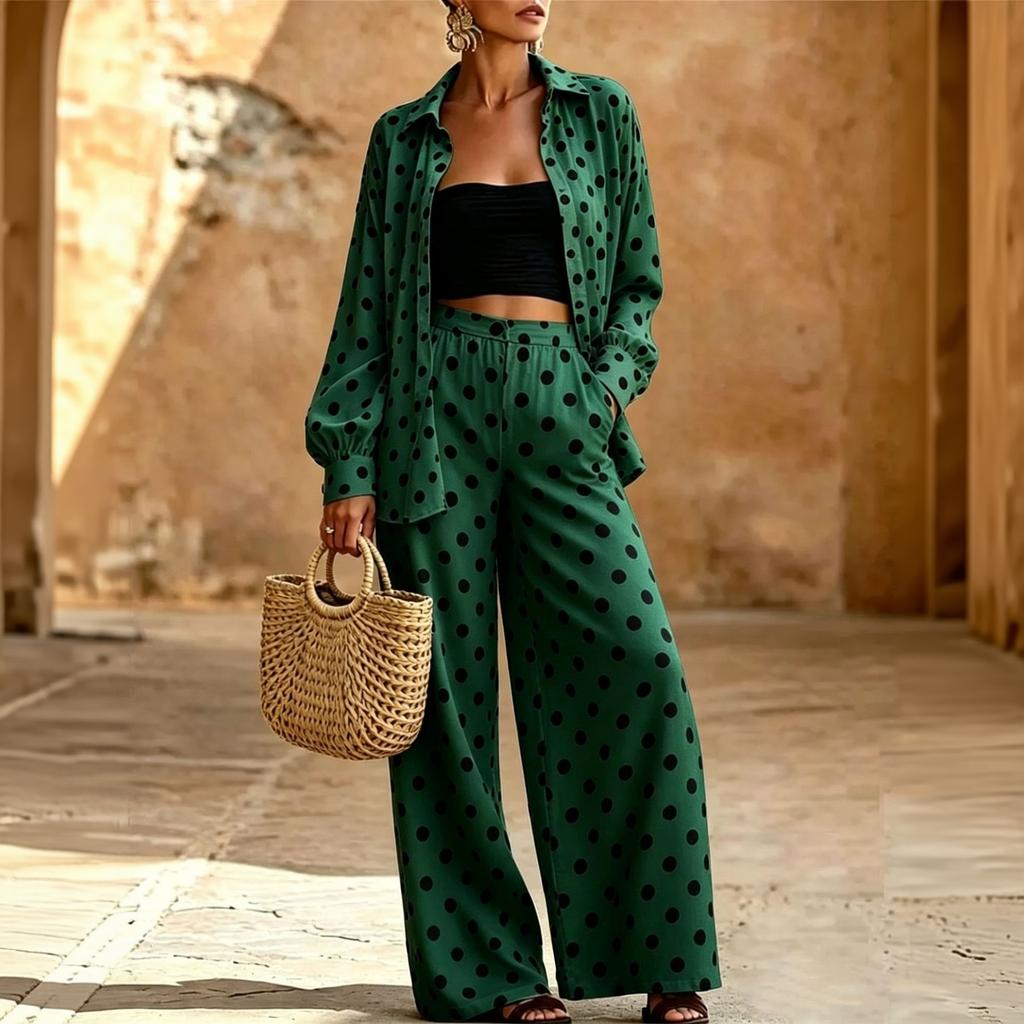 Damen Zweiteiler mit Polka Dots Langarm Locker geschnittenes Hemd mit elastischem Bund Weite Hosen Set