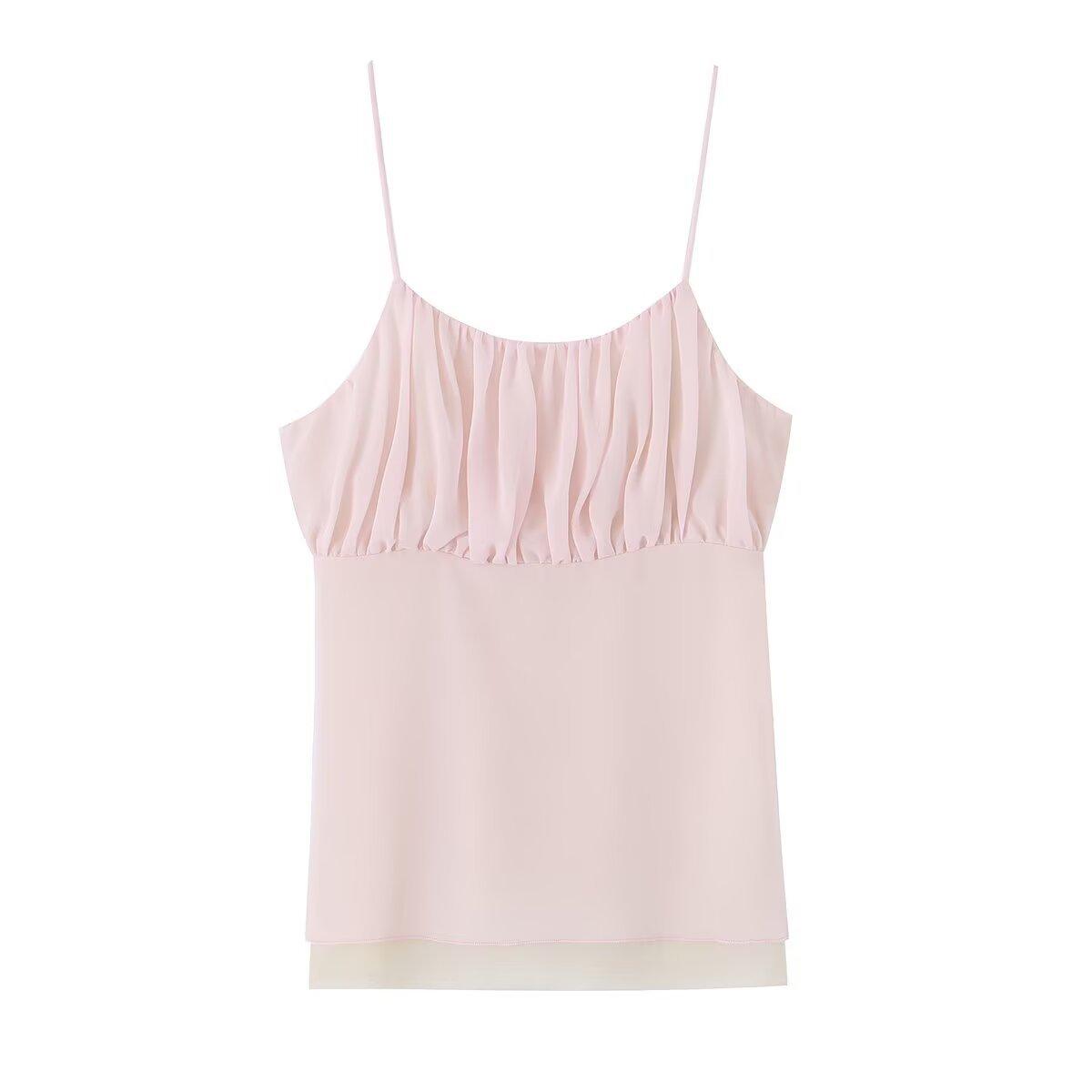 European and American style, new women s clothing, versatile fashion chiffon contrasting color small suspender 1067142637 S розовый