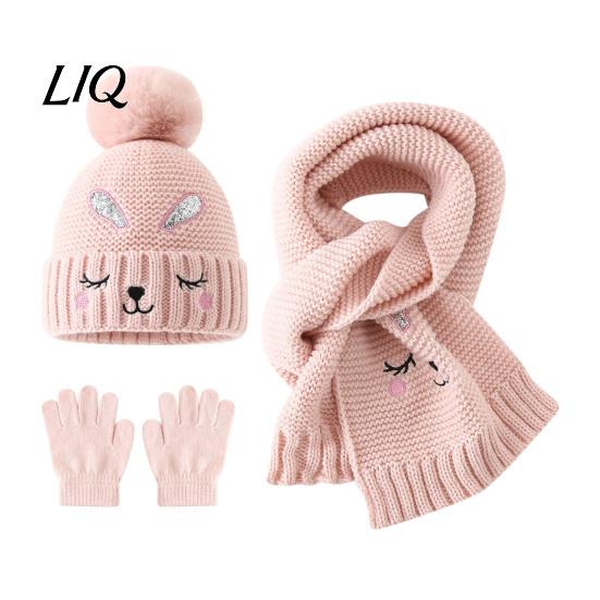 Thermal Winter Accessories for Boys Girls Hat Gloves Scarf Set Kids, Warm Knitted Pompom Hat, Cute Outings Bunny Embroidery, Cozy Ages 2 to 6 Gift