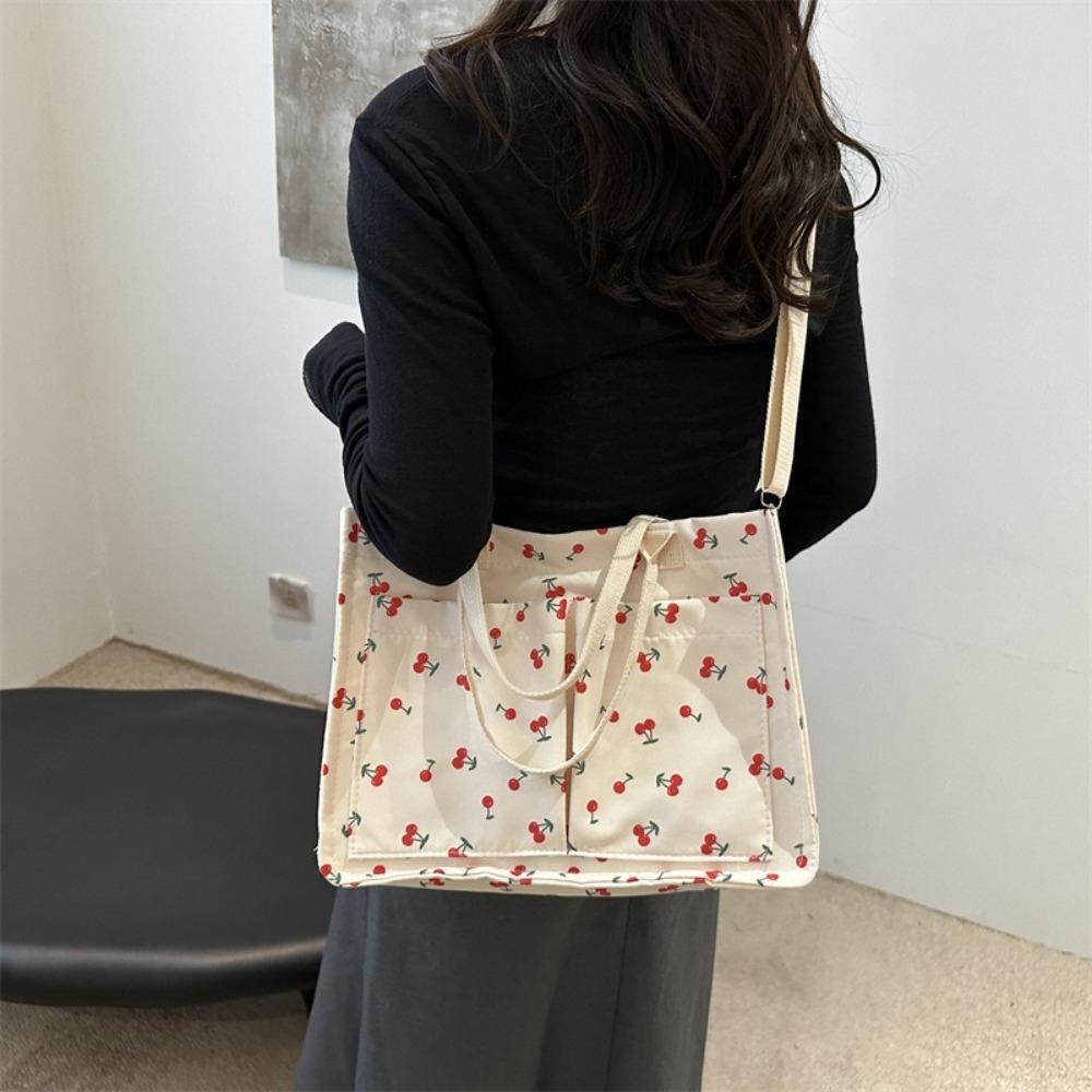

Large Capacity Women Shoulder Bag Korean Style Canvas Handbag Cute Cherry Tote Bag Streetwear білий