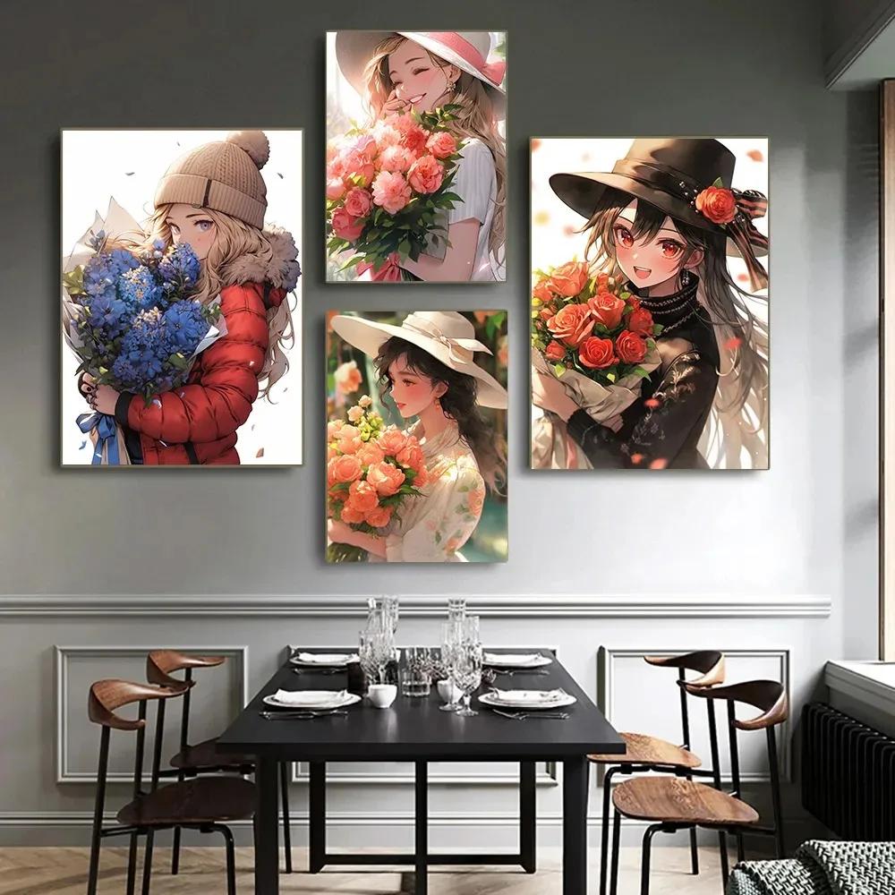 A Girl Who Loves Flowers Decorative Painting Minimalist Aesthetics Print Canvas Painting for Living Room Modern Home Decor