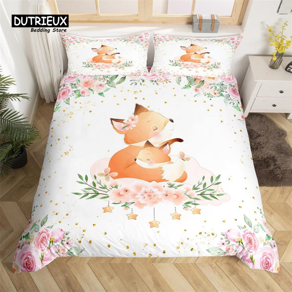 Niedliches Milchkuh Bettwäsche-Set King Cartoon Tier Bettbezug Botanisch Floral Steppdeckenbezug Mikrofaser Bauernhaus Tagesdecke Bezug