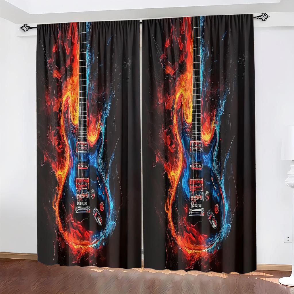 Flame Guitar Hd Print Polyester Curtains Pocket Rod Top Bedroom Living Room Office All Season Art Home Decor Made Of Window Treatment