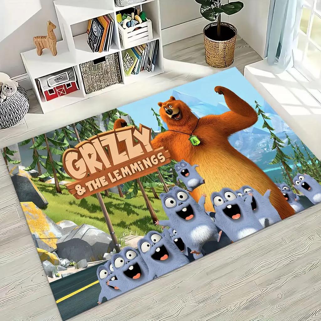 Covor amuzant Grizzy și Lemingii Desen Animat pentru Dormitor Sufragerie Canapea Preș de Intrare Decor, Covor Mare Non-alunecos pentru Joacă Copii