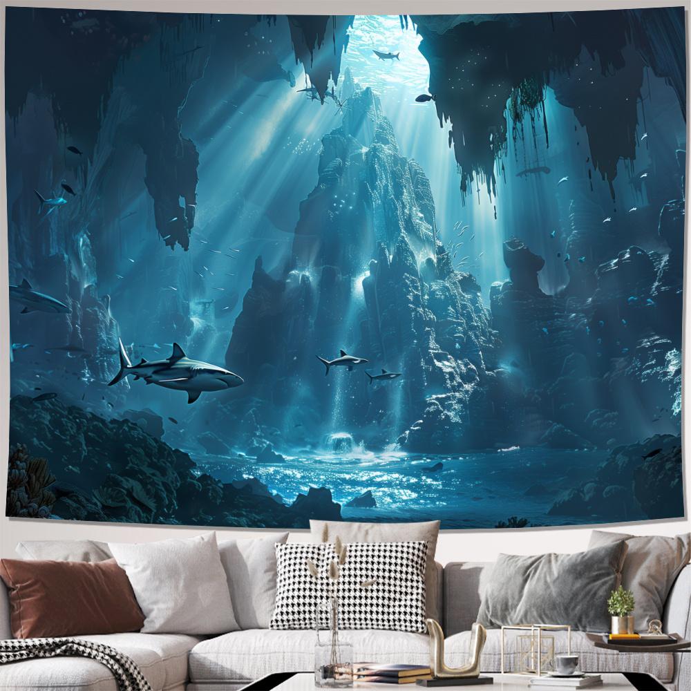 Underwater Fantasy Shark Canvas Wall Art Polyester Fiber Ocean Scene Decoration Living Room Bedroom Office Decorative Tapestry