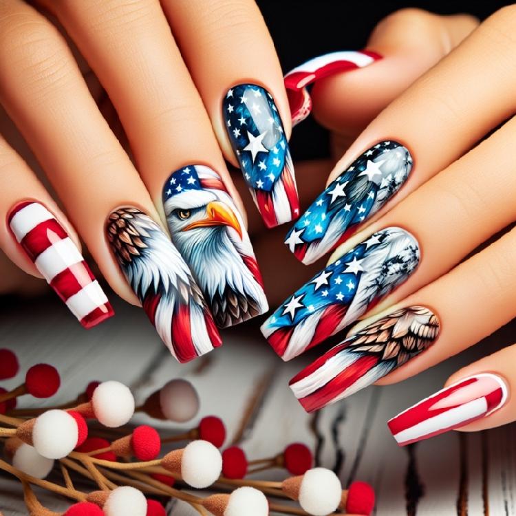 

24pcs Press on Nail Acrylic Nail Art With Red White Blue Patterns Artificial Nail Manicure For Culture Enthusiasts 1