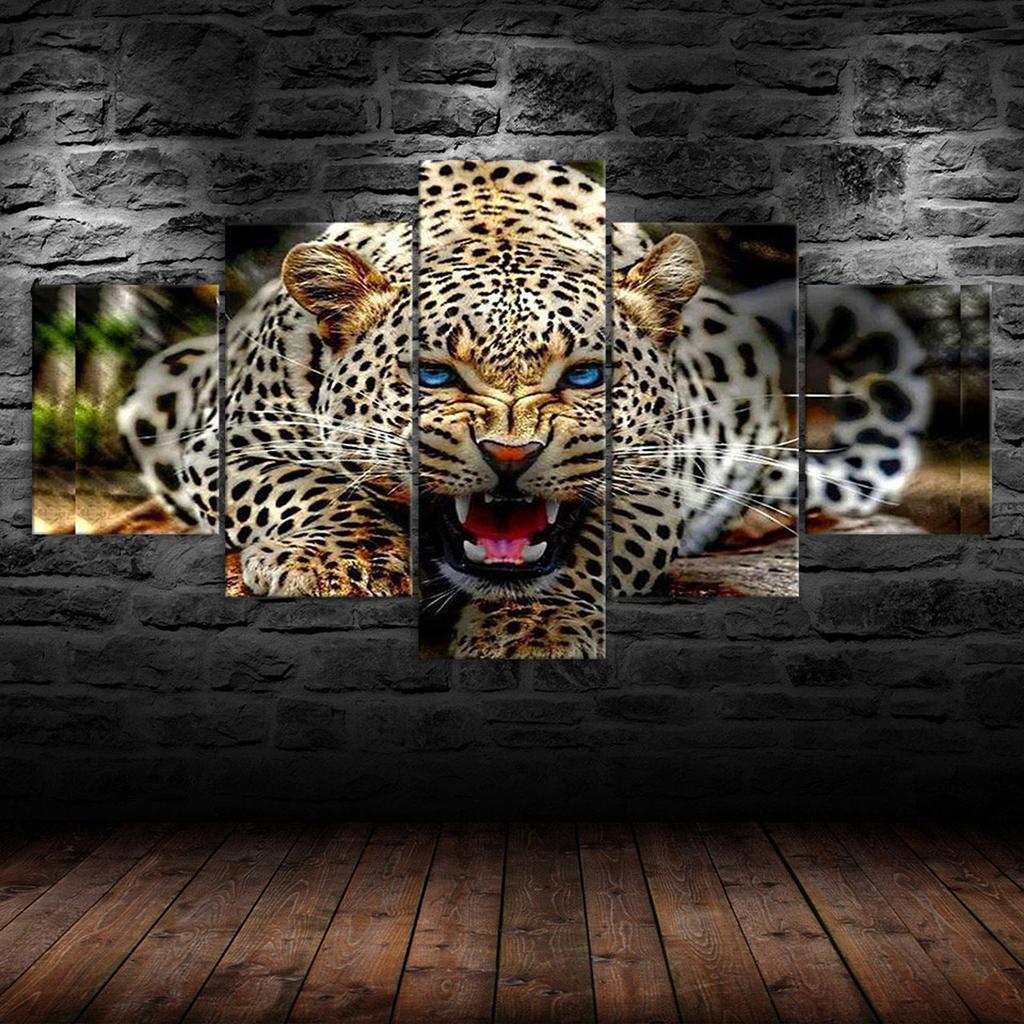 Leopard Blue Eyes Roaring Angry Animal 5 Piece Five Panel Wall Canvas Print Modern Art Poster Picture Home Decor Gift For Him For Her