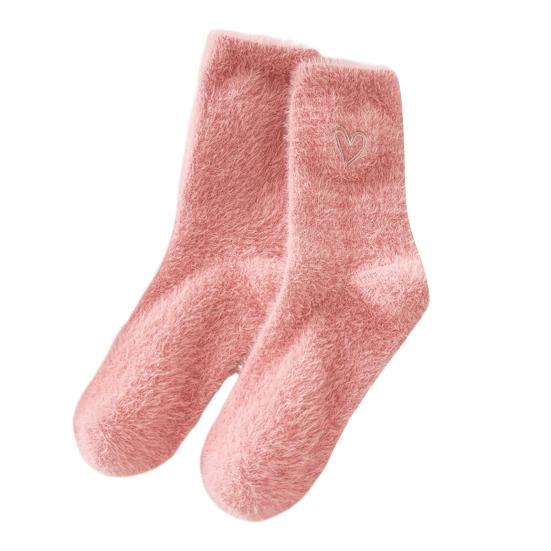 1 Pair Winter Socks Thickened Plush Mid-tube High Elasticity Heart Embroidery Socks Anti-slip Anti-pilling Floor Socks Comfort Warmth Sleeping Socks