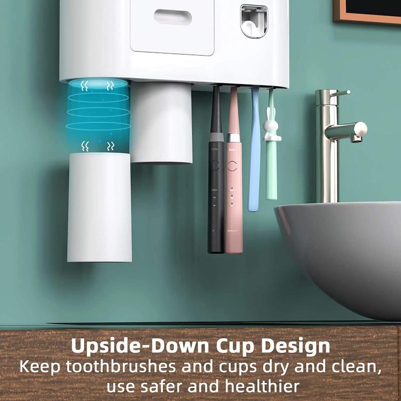Toothbrush Holder Wall Mounted Automatic Toothpaste Dispenser Squeezer Kit -Magnetic Toothbrush Holder for Bathroom and Vanity