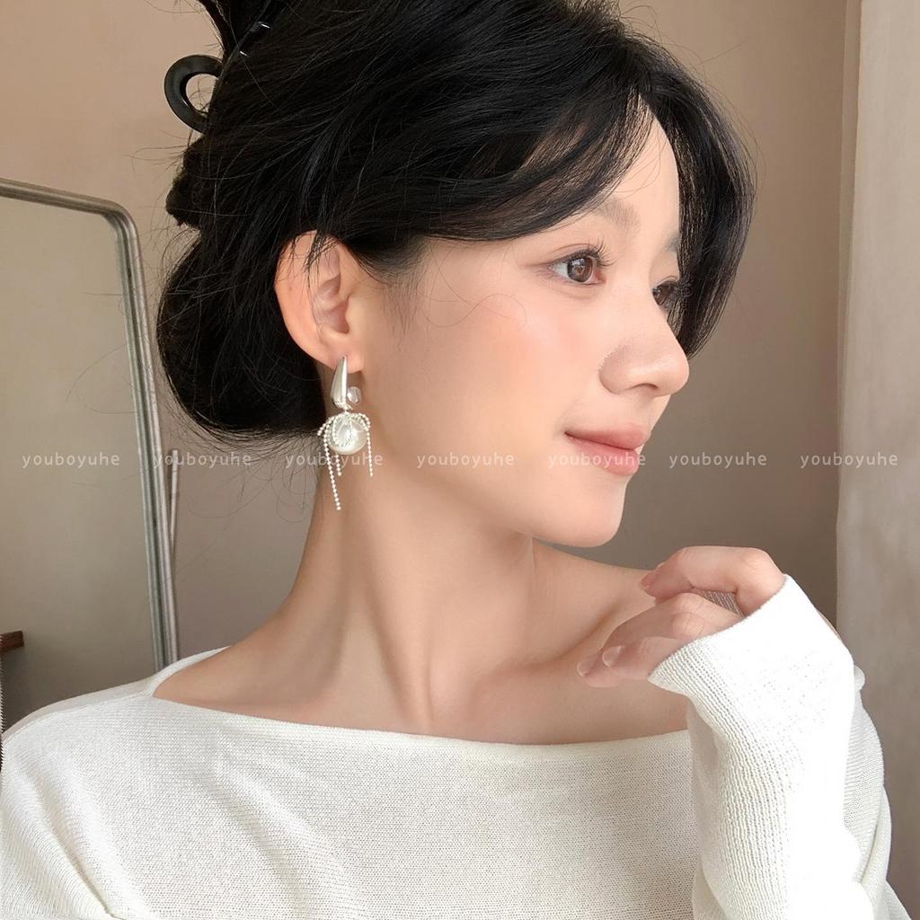 Elegant Pearl Tassel Earrings for Women: Luxury Silver Studs, Unique and Noble