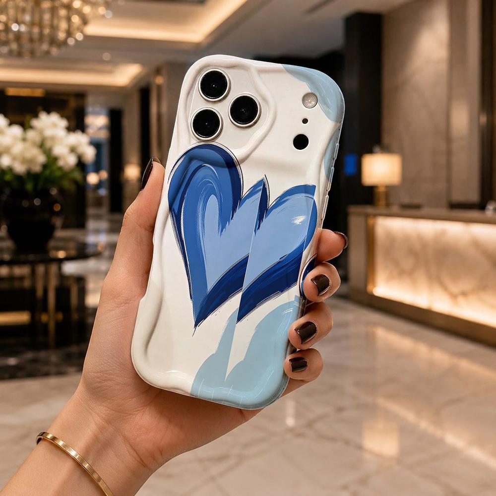 Gradient Blue Heart Sketch Phone Case for iPhone 17 16 15 14 13 12 11 Pro Max Plus Wavy Edge Artistic Cover