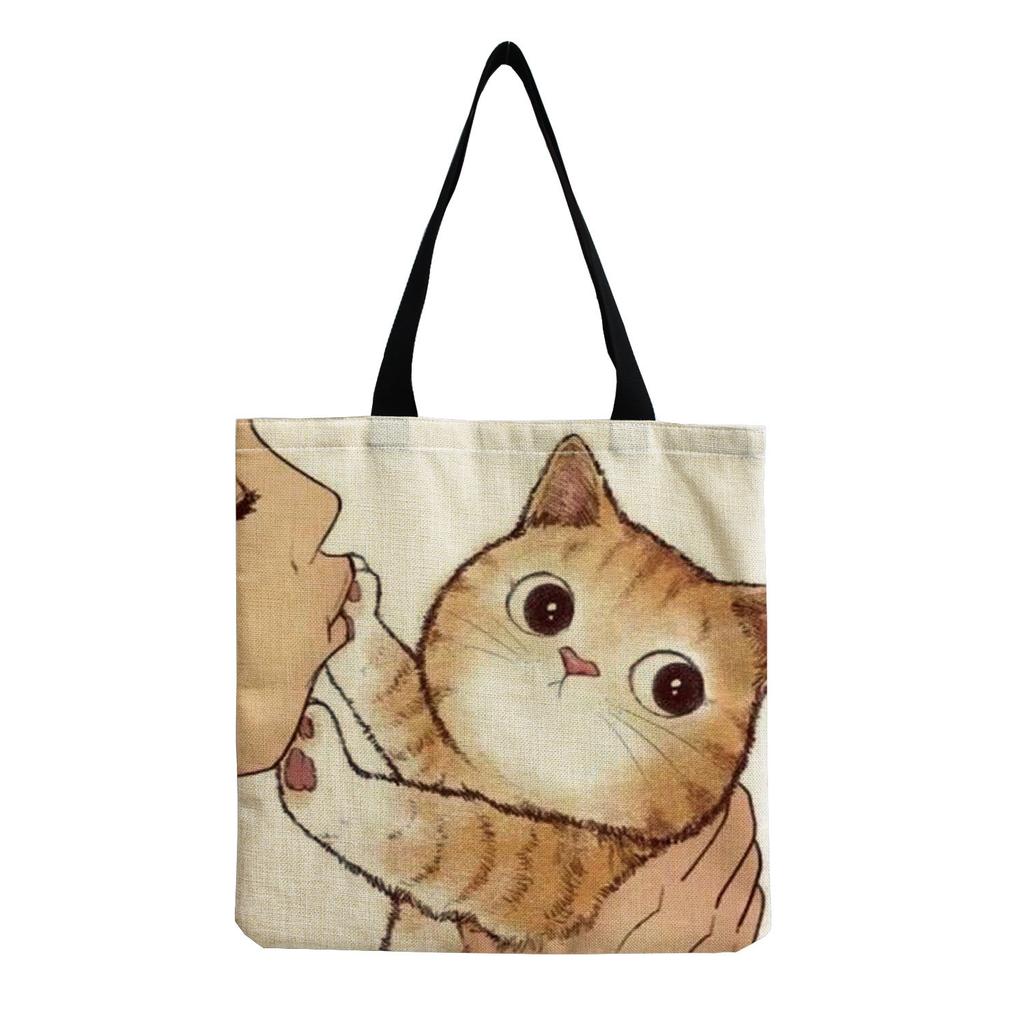 Damen Vintage Leinen-Tragetasche - Große Kapazität Katzen-Print Schulter-Handtasche für Freizeit & Lebensmitteleinkauf KTB