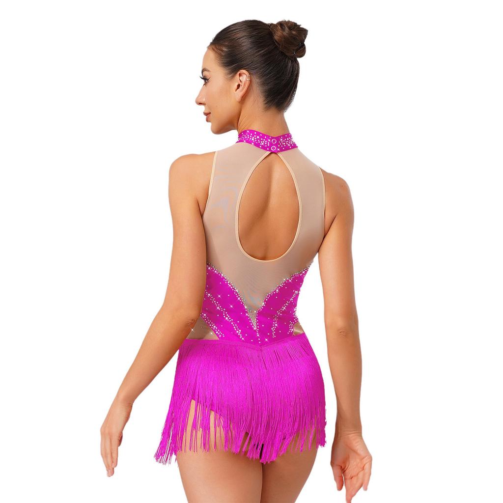 Damen Latein Eiskunstlauf Trikot Ärmellos Schlüssellochdesign am Rücken Quastenfransen Taille Glitzernder Body