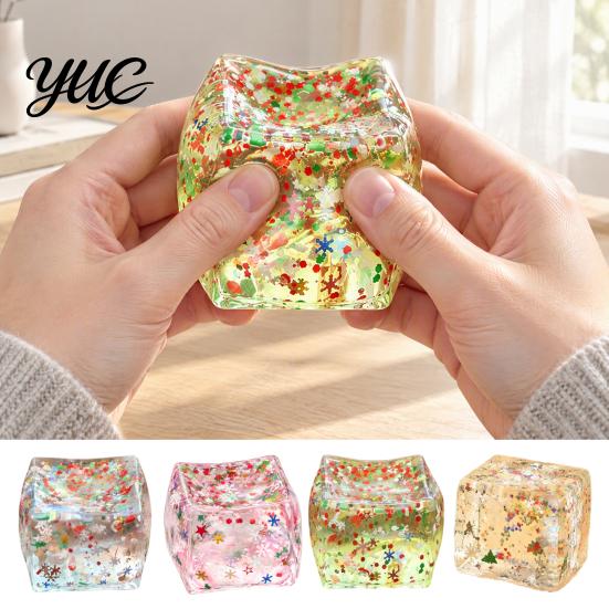 Reusable Stress Relief Hand Toys Christmas Ice Cube Squishy Fidget Toy, Slow Rising Toy Sensory for with Snowflake Glitter, Festive Squeeze