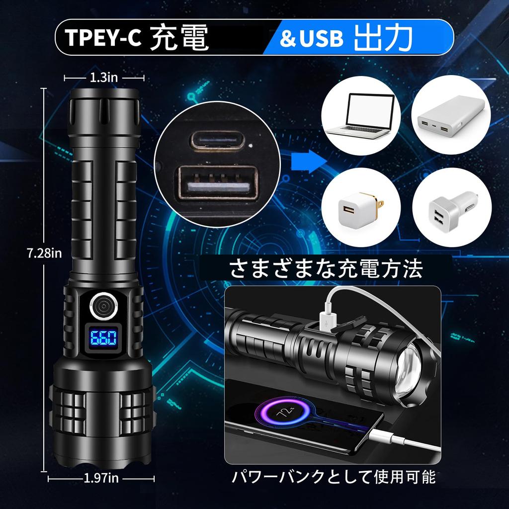 Lumens Rechargeable LED Military IP67 5 Dimmable Adjustable Zoom 3 AAA 5000mAh Powerful, Ultra-Bright 50,000 Flashlight, Grade, Powerful, XHP99,