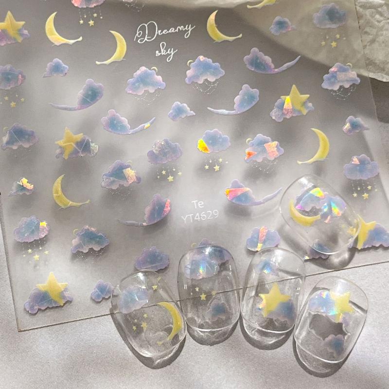 Embossed Clouds Moon Nail Embossed Sticker Sparkling Aurora Colorful Clouds Nail Decals Floral Elegant Manicure Decoration