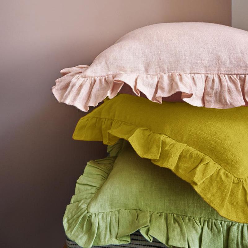 Taies d'oreiller à volants 100% lin, Housse de coussin douce et confortable, Oreillers de canapé Décoration de maison Ornement de canapé de salon