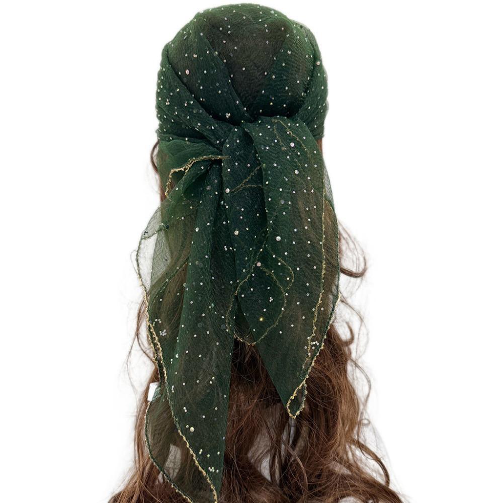 Thin Hotfix Rhinestone Square Scarf Sparkle Glitter Veil Turban Mesh Bandana Women Fashion
