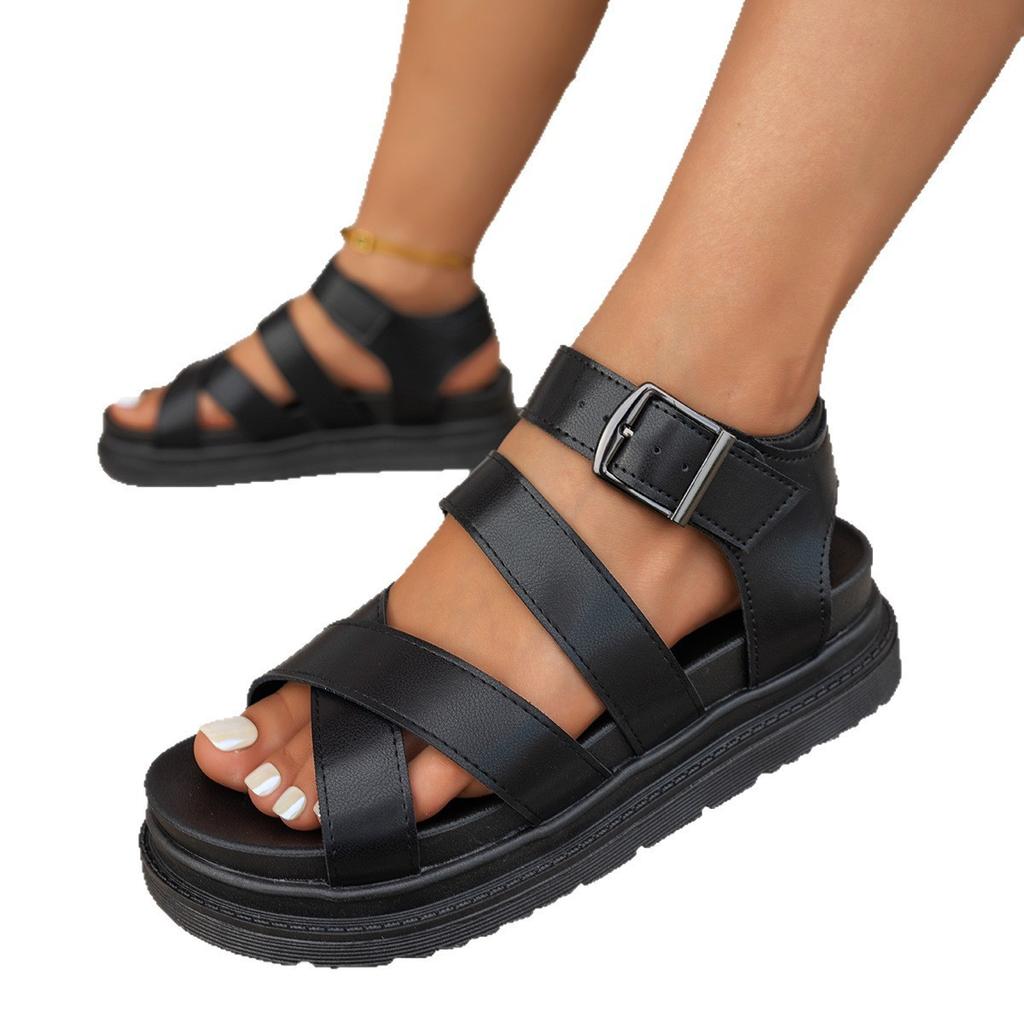 Foreign Trade Large Size Roman Shoes Women's Summer 2025 New Round Head Open-toed Cross Belt Casual Platform Beach Sandals