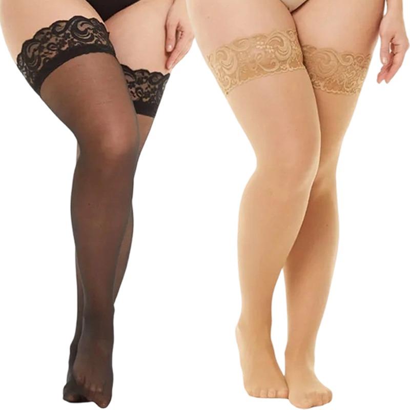New Plus Size Women Thigh High Stockings Ultra Thin Black Skin Lace Trim Sexy Long Stockings Silk Soft Breathable Socks 40-100Kg