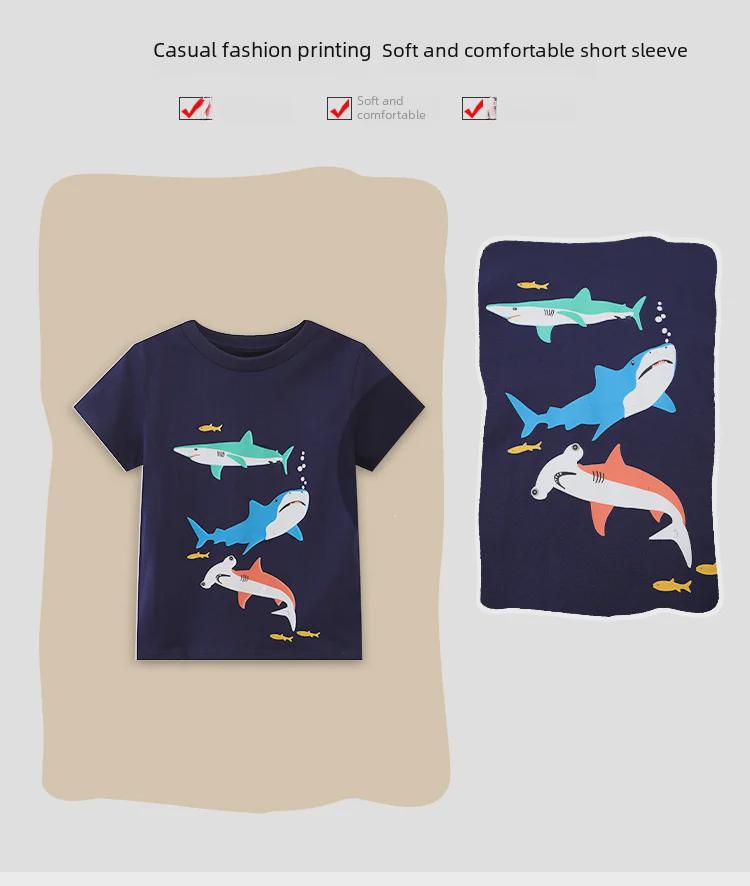 2024 Ocean Shark Boys' Cartoon Round Neck T-Shirt, Short Sleeve, Summer Collection