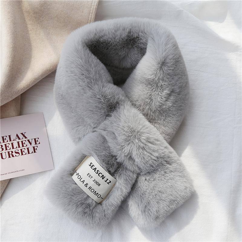 Soft Furry Scarf Korean Style Label Japanese Autumn and Winter Ins Plush Girl Scarf Imitation Rex Rabbit Fur Thickened Cross