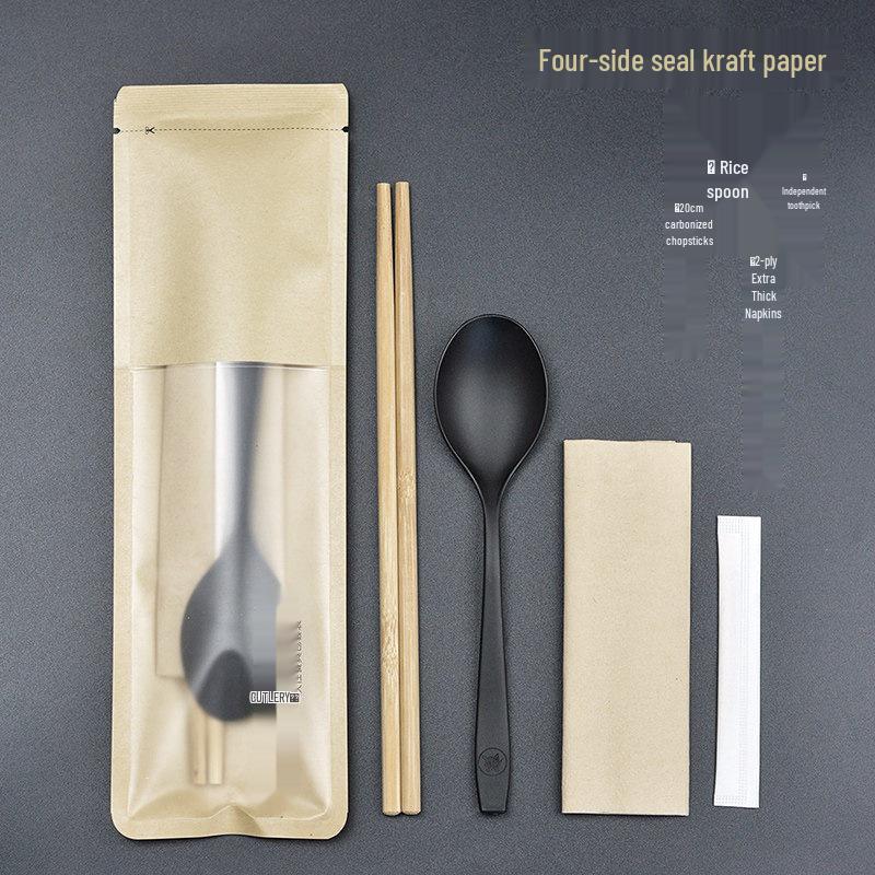High-Grade Disposable Spoon & Chopsticks Set for Takeout Bibimbap, Kraft Paper - 4 Pieces