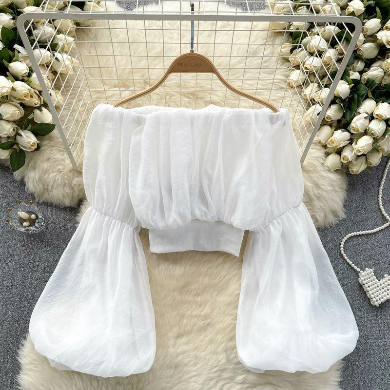 

Французская шифоновая блузка женская стильная с рукавами-лепестками лотоса, эластичной талией, облегающий короткий кроп-топ, сексуальные топы с открытыми плечами White All yards