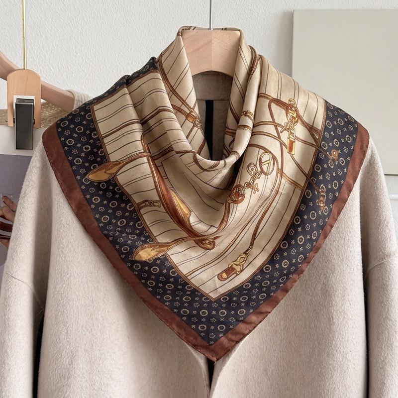 71 Cotton and Linen Retro Wind Green Geometric Small Square Scarf Silk Scarf Women's New Neck Protection Small Scarf Silk Scarf Neck High Sense